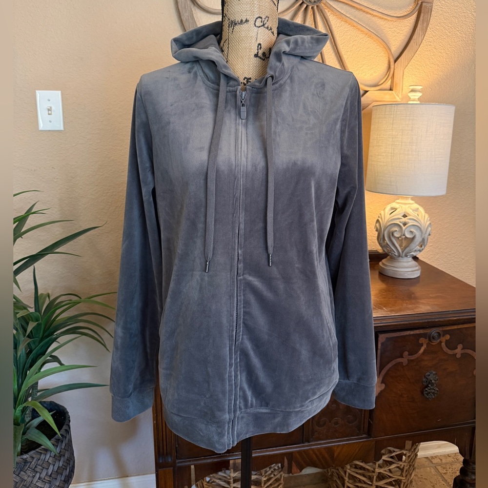 Another Choice Gray Velour Zip-Up Hoodie Jacket
